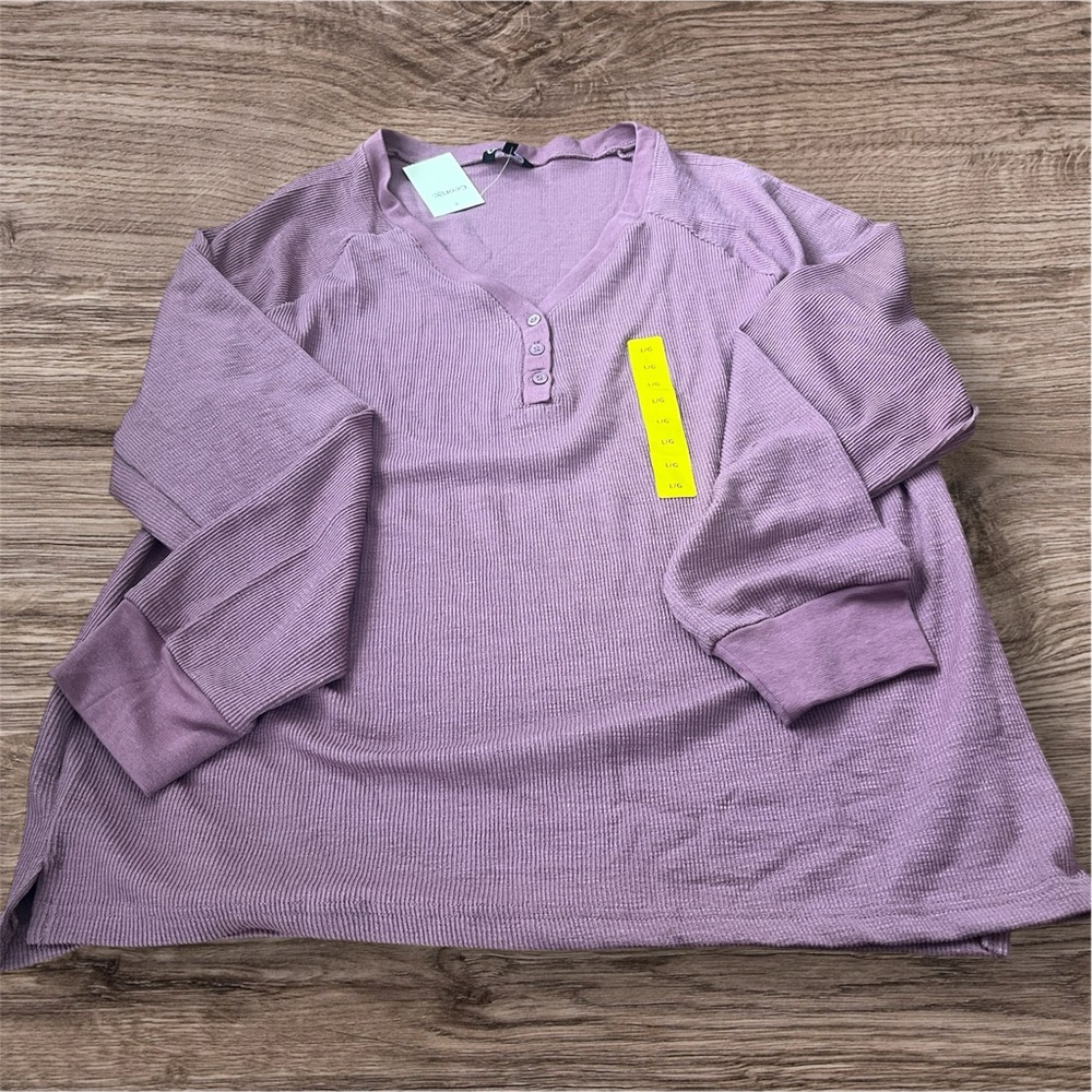 Mauve V-Neck Ribbed Henley Top - Picture 2 of 7